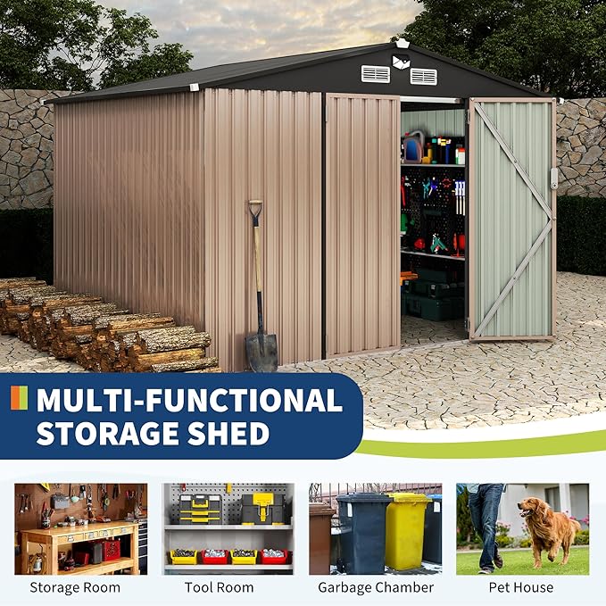 8x10 FT Metal Storage Sheds Outdoor, Metal Yard Sheds Metals Garden Shed Kit with Solar Light, MetalTool Shed with Lockable Door, Metals UtilitySheds Buildings with Air Vent for Backyard