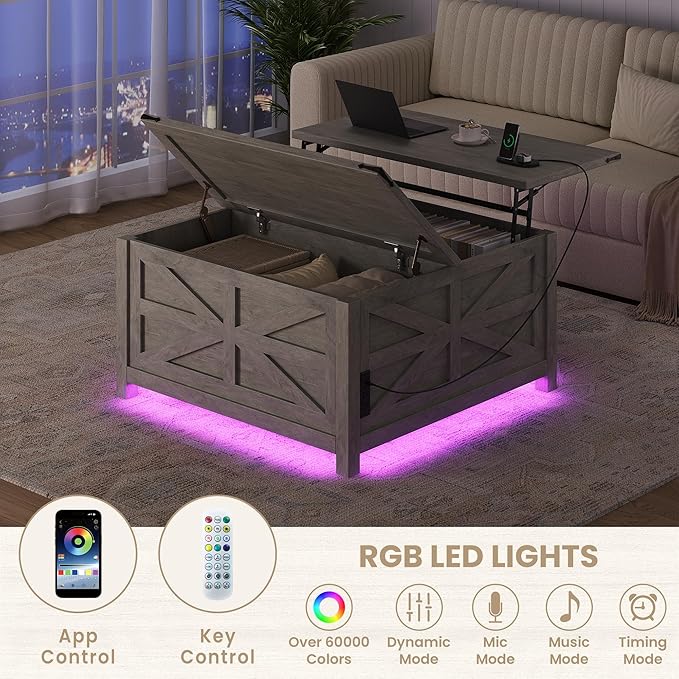 Farmhouse Coffee Table with Lift Top Storage, Square Wood Center Table, USB Charging Station,Grey