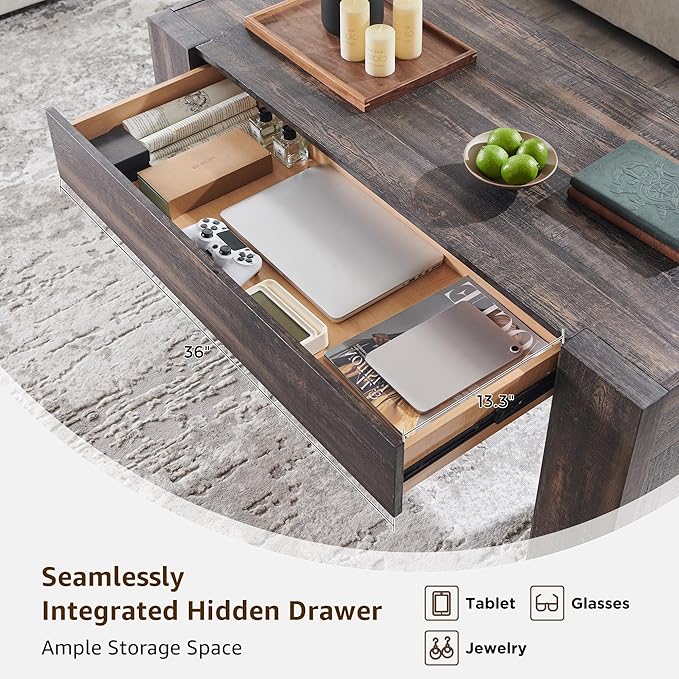 OKD 48" Modern Farmhouse Coffee Table, Wooden Living Room Table with Hidden Storage Drawer, Rustic Rectangular Center Tables w/Wood Thick Design for Living Room, Office, Dark Rustic Oak