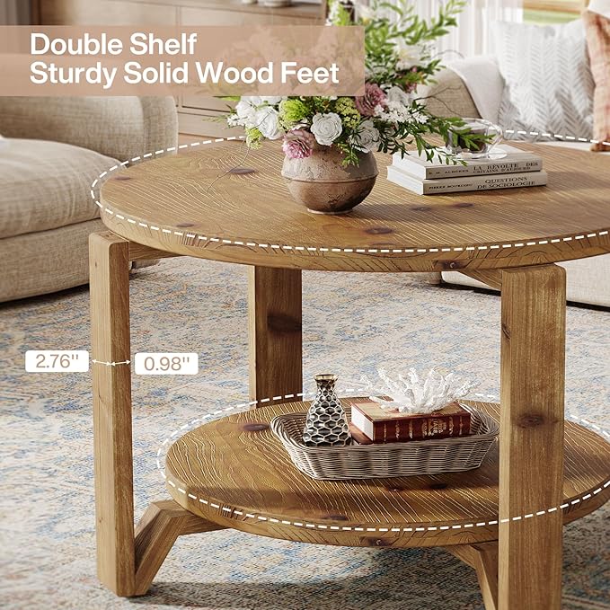 Tribesigns 30" Solid Wood Coffee Table, Round Small Coffee Table with 2-Tier Storage for Living Room, Farmhouse Brown Round Solid Wood Accent, Circle Center Furniture with Natural Texture Design