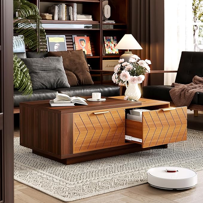 42"- 65" Extendable Coffee Table with Storage, Reversible Wood Coffee Table with 2 Drawers, Two-Tone Large Adjustable Center Table for Living Room, Office (Dark Walnut)