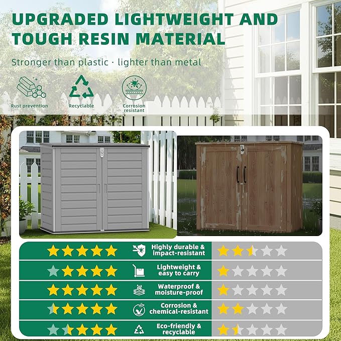 Horizontal Outdoor Trash Can Storage Shed, 304 Gallon Resin Garbage Can Storage Shed with Lockable Doors & Lift Lid, Waterproof Bin Shed for Backyard, Patio & Garden (Gray)