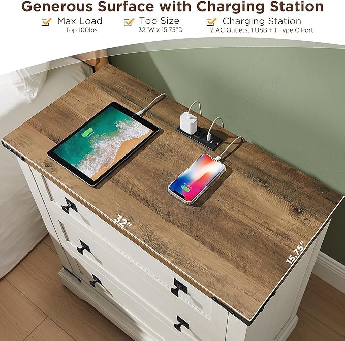 T4TREAM 32" Farmhouse Nightstand with Charging Station Set of 2, Large End Table with 3 Storage Drawers, Rustic Wood Bedside Table for Bedroom, Living Room, Antique White
