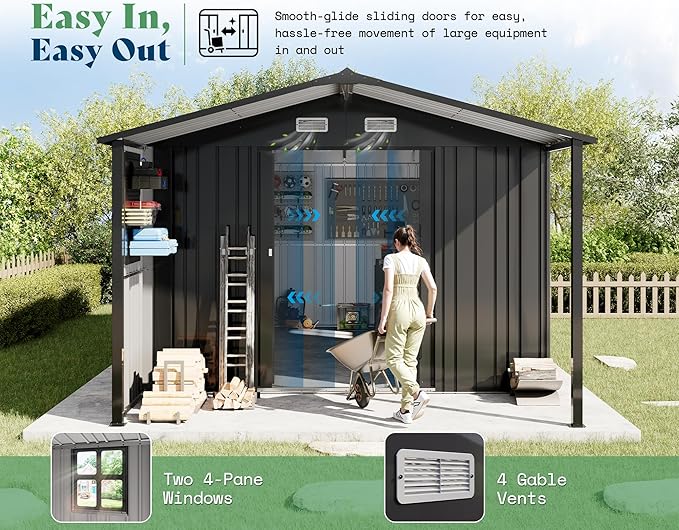 AMERLIFE 10x16.6x7.3 FT Outdoor Storage Shed with Lounge Area, Metal Garden Shed with Sliding Doors, 2 4-Pane Windows & 4 Vents, Heavy-Duty Weather-Resistant Steel for Garden & Backyard, Dark Gray