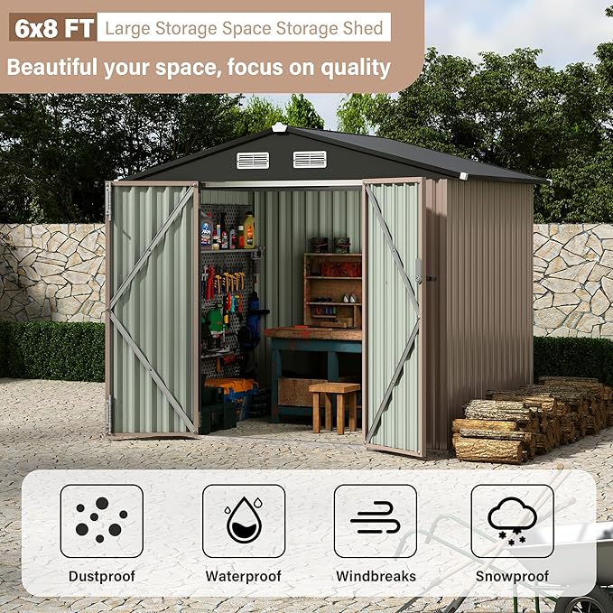6X8 FT Metal Storage Sheds Outdoor, Metal Yard Sheds Garden Shed Kit, Tool Shed with Lockable Door, Utility Sheds Buildings with Air Vent for Backyard Garden Patio Lawn