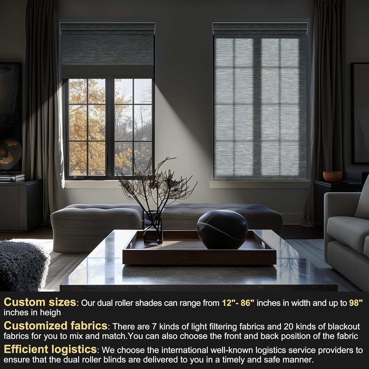 BERISSA Cordless Dual Roller Shades with Cassette Valance, Double Window Shades - Blackout and Light Filtering, Day and Night for Home Office Door. Striped Jacquard Grey. 50 W x 48" H
