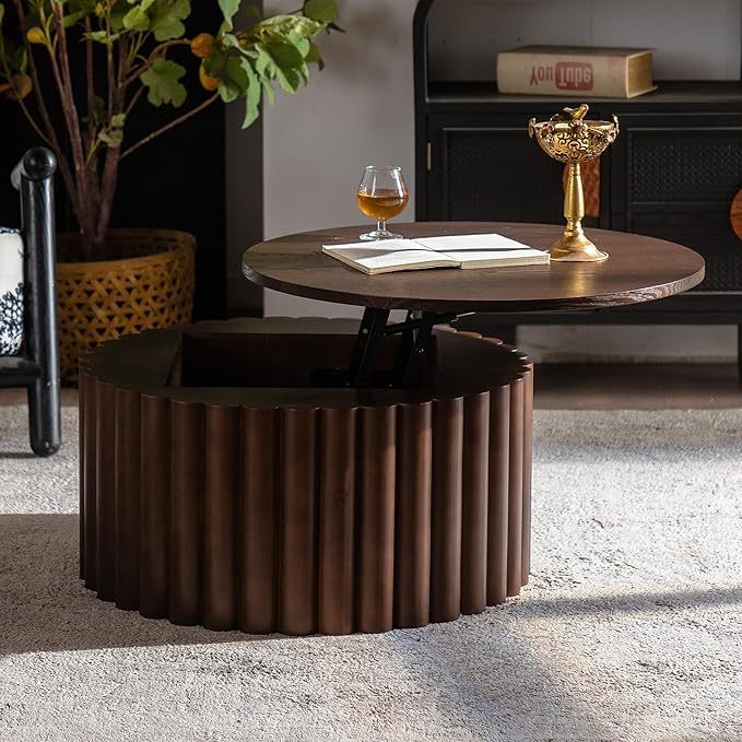 27.56" Round Lift-Top Coffee Table, Modern Fluted Tea Table with Hidden Storage for Living Room, Apartment or Office, Walnut