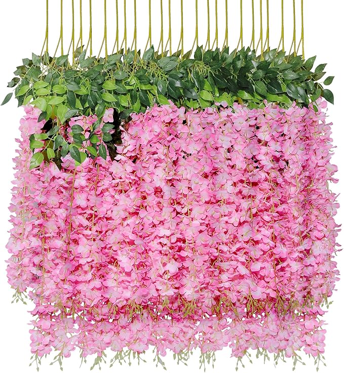 U'Artlines 24 Pack (Total 86.4 Feet) Artificial Fake Wisteria Vine Rattan Hanging Garland Silk Flowers String Home Party Wedding Decor (24, Pink)