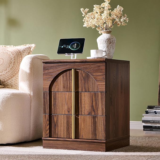 ACCOHOHO Modern Night Stand Set 2 with Arched Panel, 18" Nightstand with Charging Station, Side Table with 3 Storage Drawers, Wood Square Bedside End Table for Bedroom Living Room, Brown