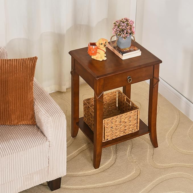 2-Set Solid Wood End Table with Drawer, Beside Table, Nightstand, Mid-Century Modern Funiture with Storage Shelf, 19.7" x 15.7" x 27.6" High Living Room Side Table with Wood Frame, Cherry GBJDR200