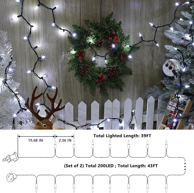 Joomer LED Clear Christmas Lights, 2Pack Total 39FT 200 LED Clear White Christmas Tree Lights, Connectable Waterproof Mini String Lights Plug in for Indoor Outdoor Home Christmas Decoration