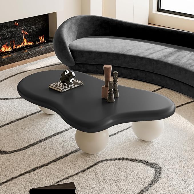 47.2” Cloud Coffee Table with 3 Ball Legs, Modern Lrregular Center Table for Living Room, Low Cute Small MDF Tea Table for Bedroom, Space Apartment-Black White