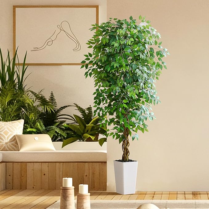 Artificial Ficus Tree 7FT Faux Floor Tree with Planter UV Resistant Potted Fake Silk Plant, Real Wood Trunk-Indoor Outdoor Lifelike Fake Ficus Tree for Home, Living Room Bedroom Topiary Tree