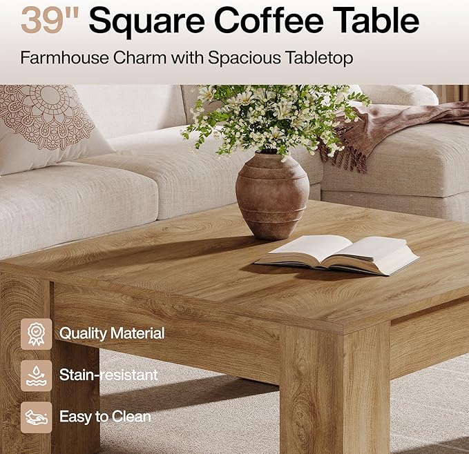 Tribesigns Square Coffee Table, 39-Inch Farmhouse Wooden Coffee Table with Sturdy Legs, Rustic Accent Center Table for Living Room, Easy Assembly, Light Brown