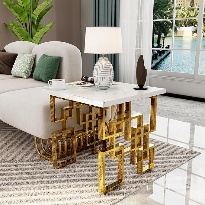 AUZ Gold End Table Set - Luxury Square Living Room White & Gold Side Table with Mirrored Geometric Base