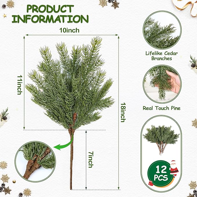 Artgar 12 Pcs Christmas Pine Branches – 18" Realistic Artificial Greenery Pine Stems - Real Touch Faux Cedar Picks for Vase, DIY Garland Wreath Home Indoor Outdoor Xmas Decorations