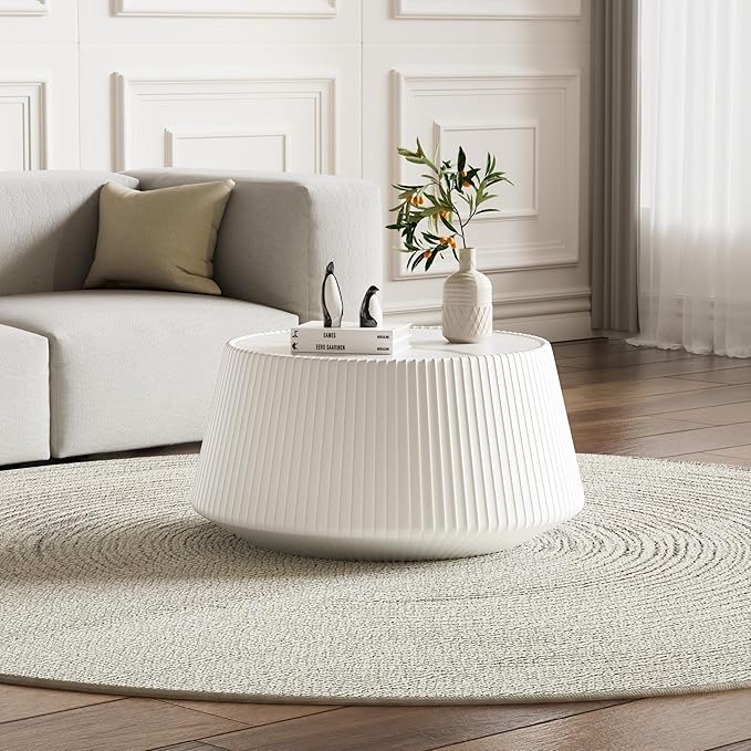 26.77" White Round Coffee Table, Drum Coffee Table with Sintered Stone Tabletop and Fluted PU Leather Covered and Stable Base, Circle Cocktail Tea Table for Living Room