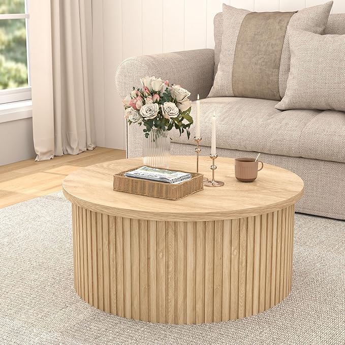 Lift Top Coffee Table with Storage, Round Coffee Tables for Living Room, 34.6'' Farmhouse Fluted Coffee Table, Wood Center Table with Large Hiddern Storage Compartment (Wood Color)