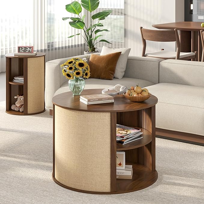 Round Coffee Table with Storage, 2-Tier Boho Mid Century Modern Wooden Center Coffee Table with Adjustable Shelf, Sackcloth Finish, Farmhouse, for Living Room, 27.5 Inches, Walnut