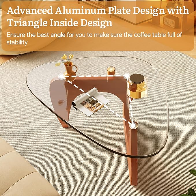 Coffee Tables Glass Small Farmhouse Coffee Table Mid-Century Modern Wood Center Table for Living Room, Walnut Transparent, 44 Inch