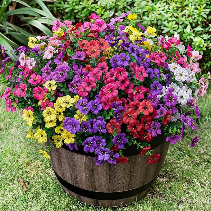 Lnoicy 20 Bundles Artificial Flowers for Outdoor Fake Plants for Spring Decoration,Faux Eucalyptus Flowers for Planter UV Resistant Lifelike for Home Porch Garden（7 Color）