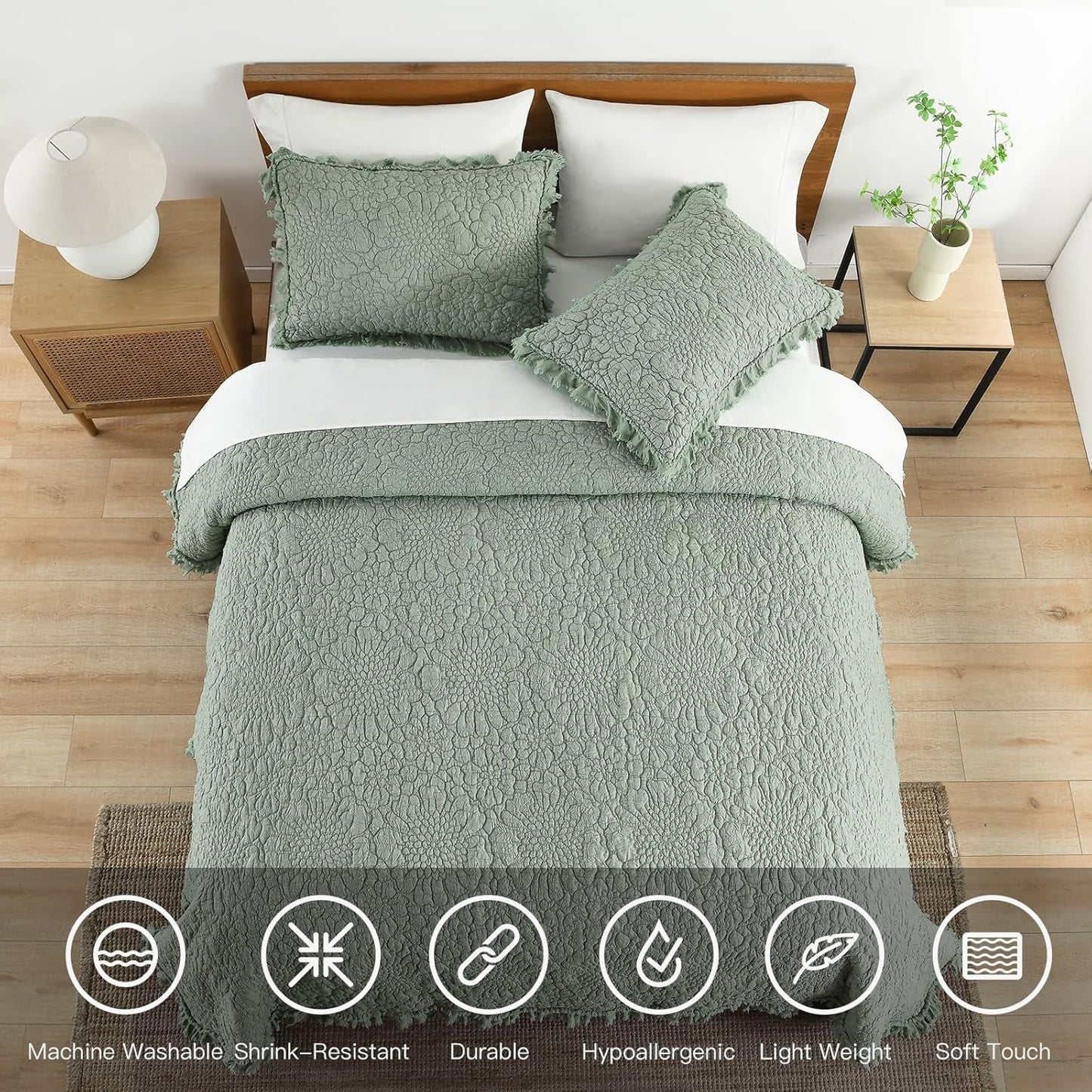 HORIMOTE HOME Sage Green Ruffled Quilt Twin Size, Stone-Washed Microfiber Lightweight Crinkled Farmhouse Rustic Shabby Chic Bedding Set, 2 Pieces Reversible Bedspread with Pillow Sham for All Season