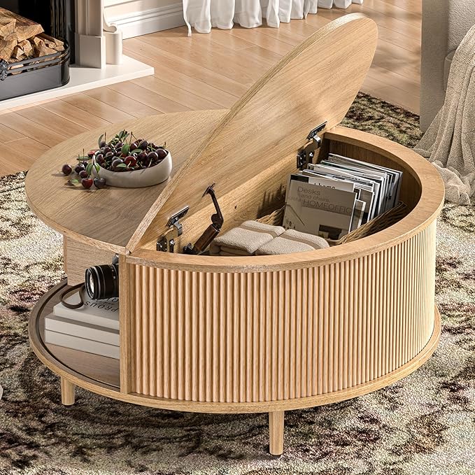 Round Coffee Table, 31.5" Fluted Center Table with Storage, Lift-Top Coffee Table with Adjustable Footpads, Sliding Door, Mid-Century Modern Center Table for Living Room, Small Space (Nature)