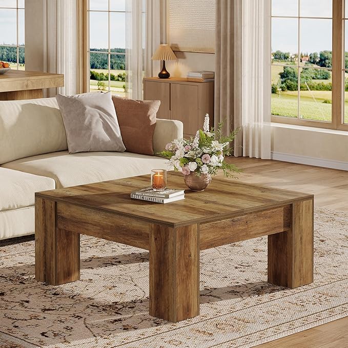 Tribesigns Square Coffee Table, 39-Inch Farmhouse Wooden Coffee Table with Sturdy Legs, Rustic Accent Center Table for Living Room, Easy Assembly, Rustic Brown