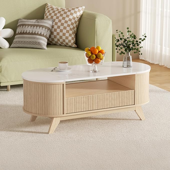 Coffee Table with Storage, Mid Century Modern Center Table for Living Room, Oval Fluted Coffee Table with Hidden Storage Space, Open Shelf & Drawer, Natural Wood