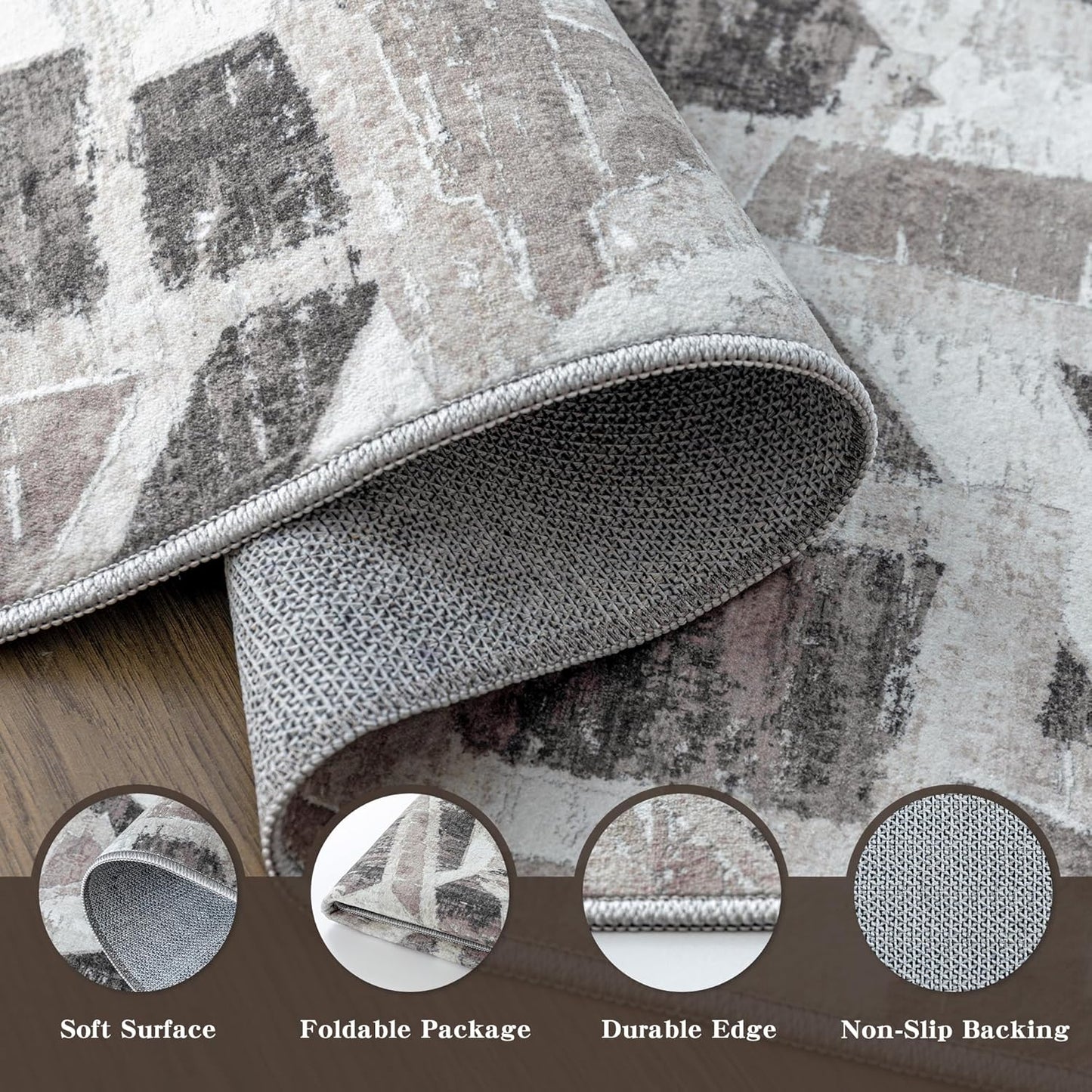 Modern Abstract 5X7 Area Rug for Living Room Bedroom Washable, with Non-Slip Rubber Backing Print Faux Wool Thin, Grey Throw Large Carpet for Kids Playroom Dining Room Pet & Child Friendly