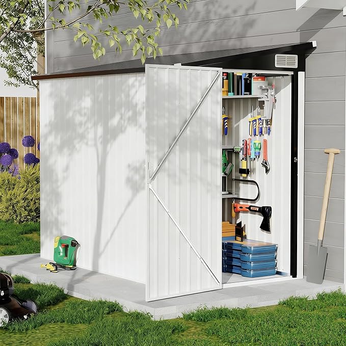 4x8 FT Metal Outdoor Lean to Storage Shed, Lean to Garden Shed Utility Tool Shed, Heavy-Duty Outdoor Metal Wall Side Storage Sheds
