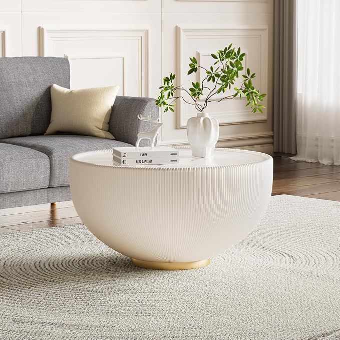27.55" White Round Coffee Table, Drum Coffee Table with Sintered Stone Tabletop and Fluted PU Leather Covered and Metal Base, Circle Cocktail Tea Table for Living Room