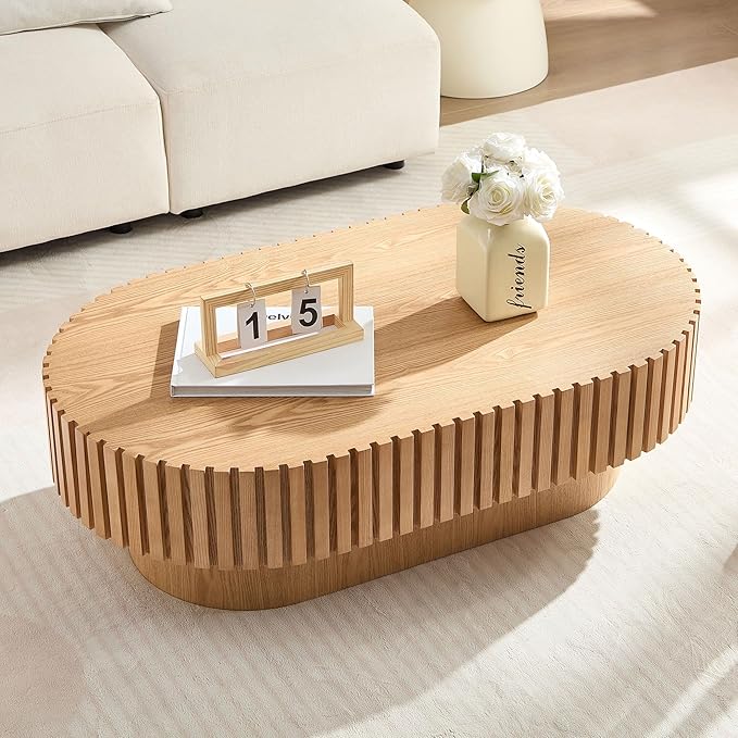 WILLIAMSPACE 43.7" Oak Oval Coffee Table, Mid Century Modern Luxury Wood Drum Center Table for Living Room, Handcraft Accent Side Tea Table for Apartment, 43.7"*24.8"*13.78"H (Oak)