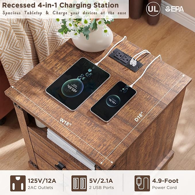 Farmhouse Nightstand Set of 2 with Charging Station, 18" Rustic Night Stand with 2 Storage Drawers, Wood End Table for Bedroom, Living Room, Reclaimed Barnwood