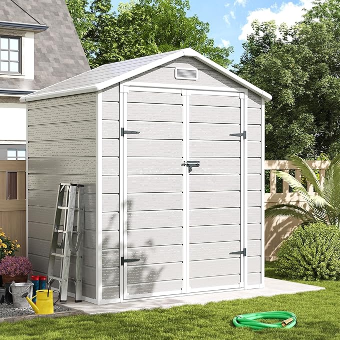 Amopatio Outdoor Storage Shed with Floor, 6x4.5 FT Lockable Plastic Tool Shed with Ventilation, Waterproof Resin Garden Sheds for Backyard, Patio, Lawn and Bike Bedge