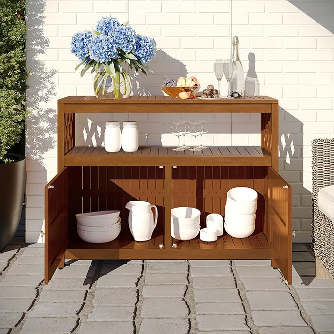 DTY Outdoor Living Longs Peak Eucalyptus Wood Sideboard Table, Outdoor Buffet Cabinet with Storage, Brown Weather-Resistant Finish