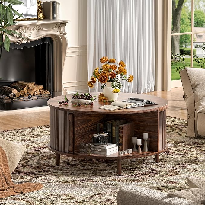 Round Coffee Table, 31.5" Fluted Center Table with Storage, Lift-Top Coffee Table with Adjustable Footpads, Sliding Door, Mid-Century Modern Center Table for Living Room, Small Space (Walnut)