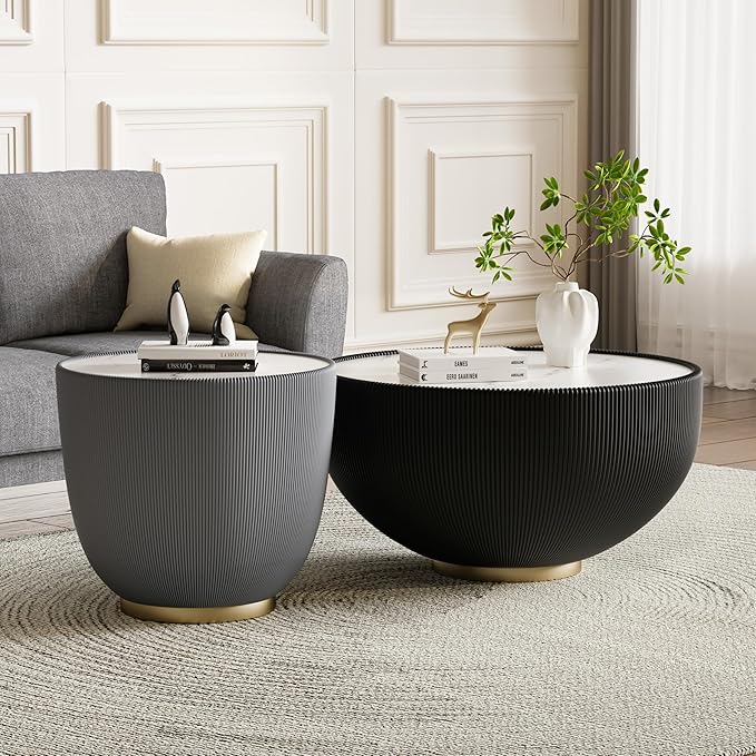 Round Living Room Table Set, 27.56" Black Drum Center Table and 19.69" Grey Coffee Table Set, 2 Pieces Coffee Table Set with Sintered Stone Tabletop, Fluted PU Leather Covered and Metal Base