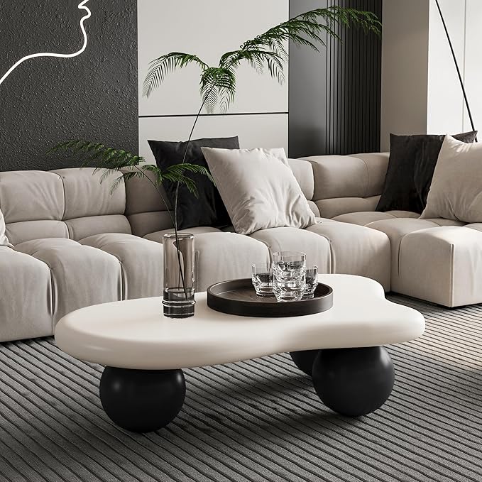 Modern Cloud Coffee Table with 3 Ball Legs, Cute Irregular Shaped Coffee Table, Low Center Table Tea Table for Living Room Apartment (47.2''L × 31.5''W × 13.78''H)