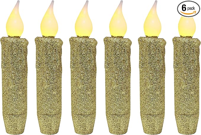 CVHOMEDECO. Glitter Flameless Candles Flickering Battery Operated LED Taper Candles with Timer for Home, Wedding, Halloween, Christmas Decor. Gold, 4-3/4 Inch, Set of 6