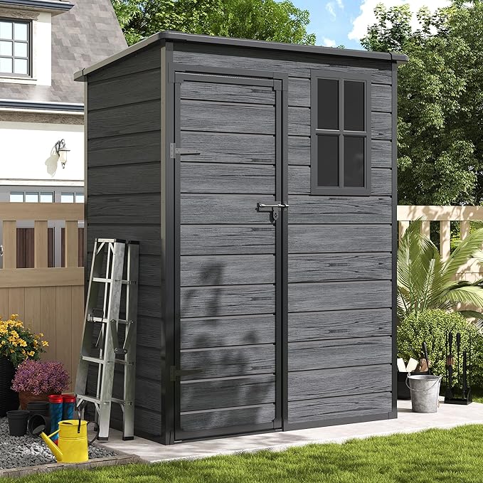 Amopatio Outdoor Storage Shed with Floor,5x3 FT Lockable Plastic Tool Shed with Ventilation,Waterproof Resin Garden Sheds for Backyard,Patio,Lawn and Bike Dark Grey