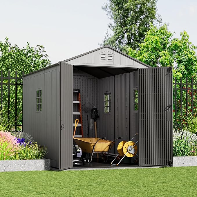 6x8.6 FT Storage Shed with Floor,HDPE Resin Outdoor Storage Shed Weather Resistant,Lockable Garden Sheds with Windows for Home/Garden Tools/Backyard/Lawn Mower/Bike Storage(Gray)