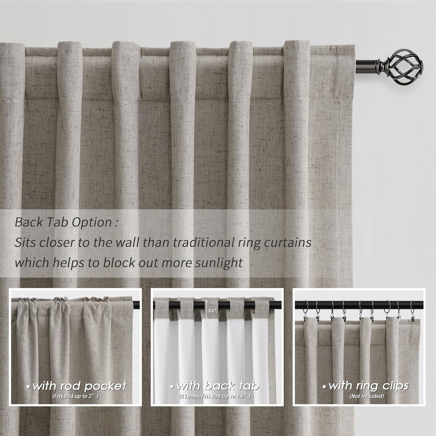 108 Inch Black Out Curtains 2 Panels Set Back Tab Thermal Insulated Natural Linen Textured Blackout Curtains Noise Reducing Dark Taupe Neutral Living Room Darkening Window Drapes Pleated 52x108
