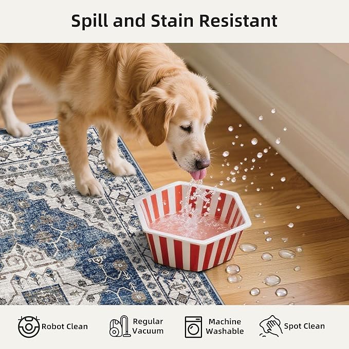 Kitchen Sink Rugs Set 0f 2: Washable Non-Slip Hardwood Floor Mat for Stove Dishwasher Fronts Soft Stain Resistant Carpet for Cooking Area & Fridge Boho Home Decor for High Traffic Area(2x3+2x4,Blue)