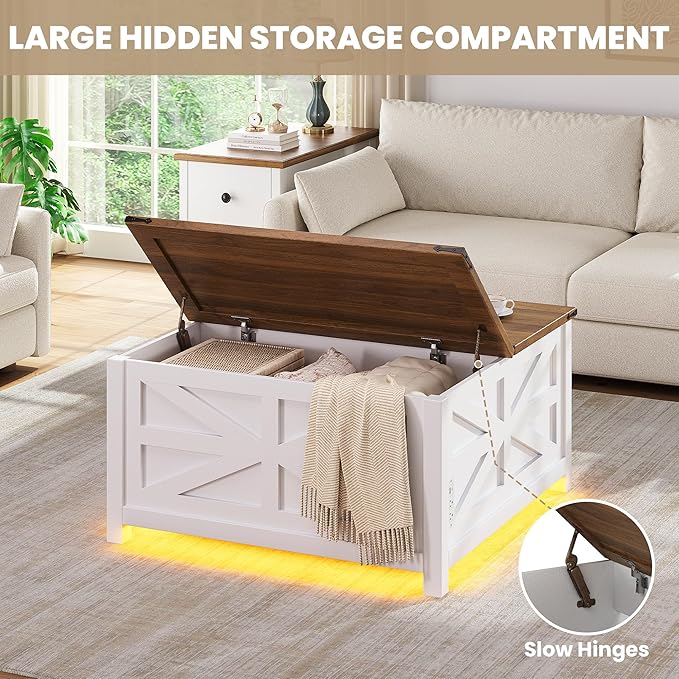 Farmhouse Coffee Table with Lift Top Storage, Square Wood Center Table, USB Charging Station,White