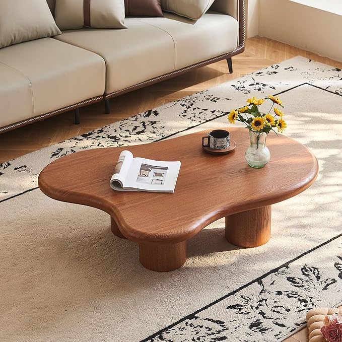 48 Inch Cloud Coffee Table, Modern Walnut Coffee Table for Living Room, Large Wood Coffee Side Table with Irregular Tabletop and 4 Sturdy Legs for Home Office Bedroom