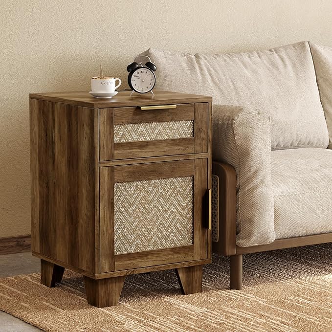 ONBRILL End Table with Storage & Charging Station, Farmhouse Wood Night Stand with Drawers, Adjustable Shelf, Bed Side Tables for Small Space, Living Room, Bedroom, Brown