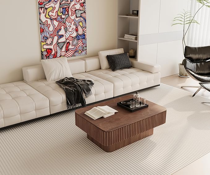 38.6" Lift Top Coffee Table, Modern Fluted Tea Table with Hidden Storage for Living Room, Apartment or Office, Walnut