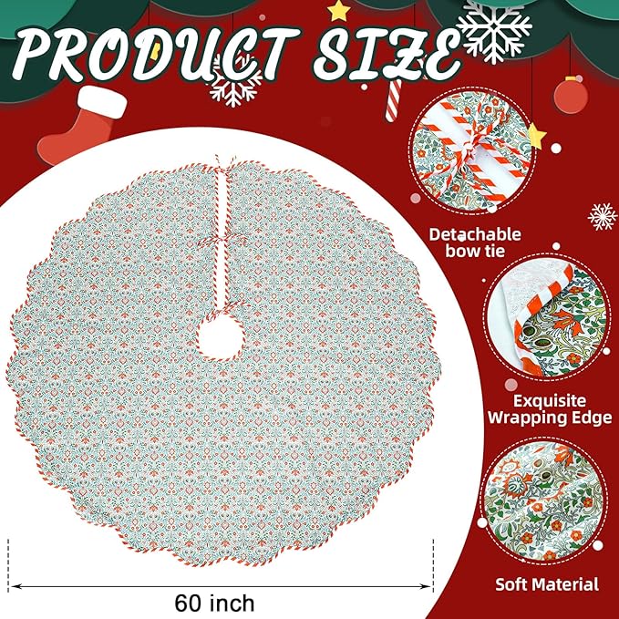 Christmas Tree Skirt Cotton Floral Block Tree Skirt in Nature Color for Home Xmas Party Seasonal Holiday Decoration Indoor Outdoor(60 Inch,Green)