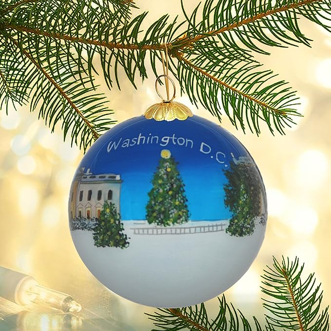 Blown Glass Christmas Ornament | White House in Snow | Hand Painted Inside | Original Art | Includes Gift Box